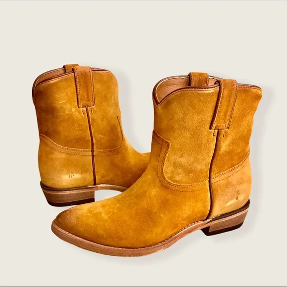 Frye Billy Short Camel Suede Leather South Western Pull On Cowboy Ankle Boots - Picture 8 of 16